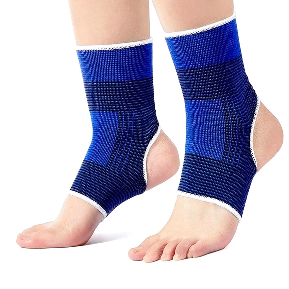 Blue ankle guard sleeves on feet, white trim and ribbed knit compression over ankle and arch