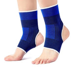 Blue ankle guard sleeves on feet, white trim and ribbed knit compression over ankle and arch