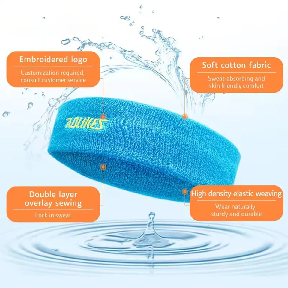 Blue cotton sport sweatband with AOLIKES embroidered logo