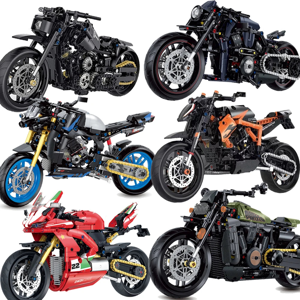 Multi-bike motorcycle building block set, close-up views of black, blue, orange models