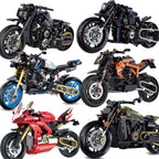 Multi-bike motorcycle building block set, close-up views of black, blue, orange models