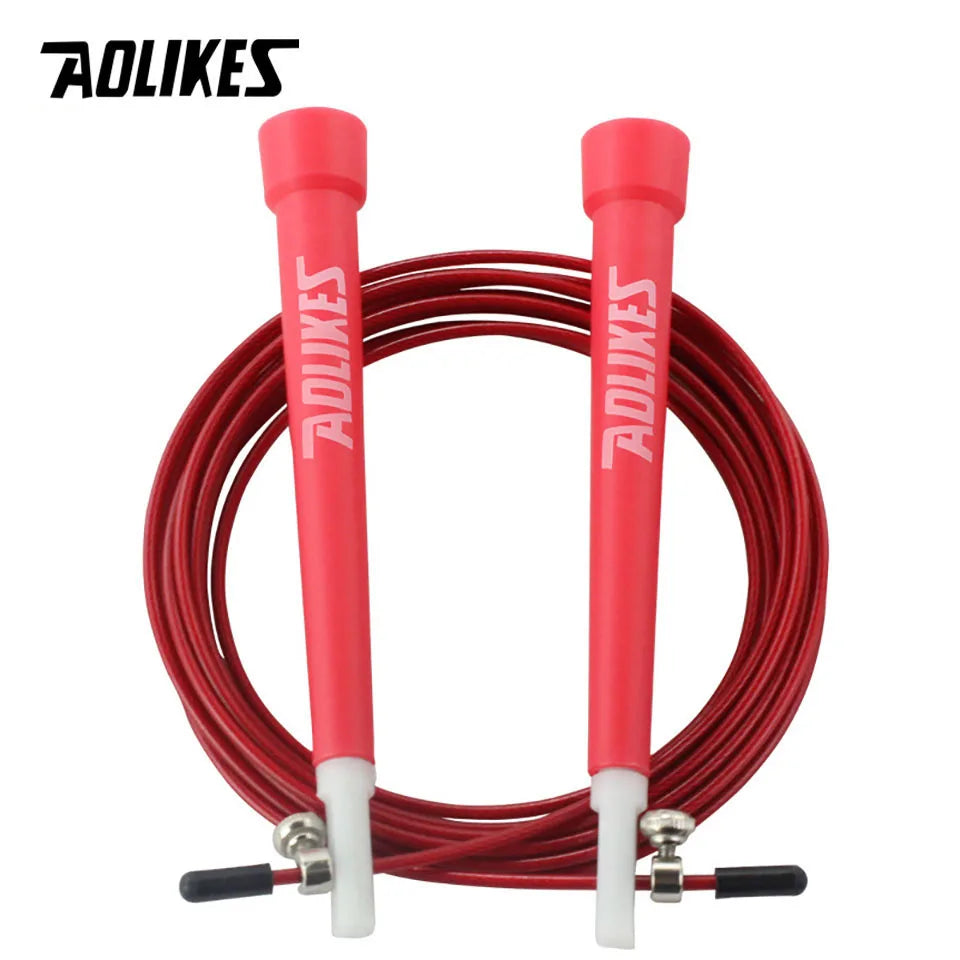 Adjustable steel wire jump rope with red foam handles and red steel cable