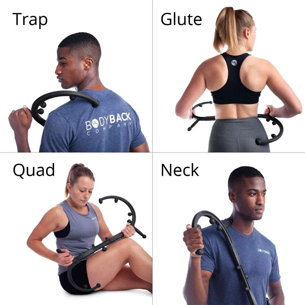 Black handheld massage cane shown for trap, glute, quad, and neck use