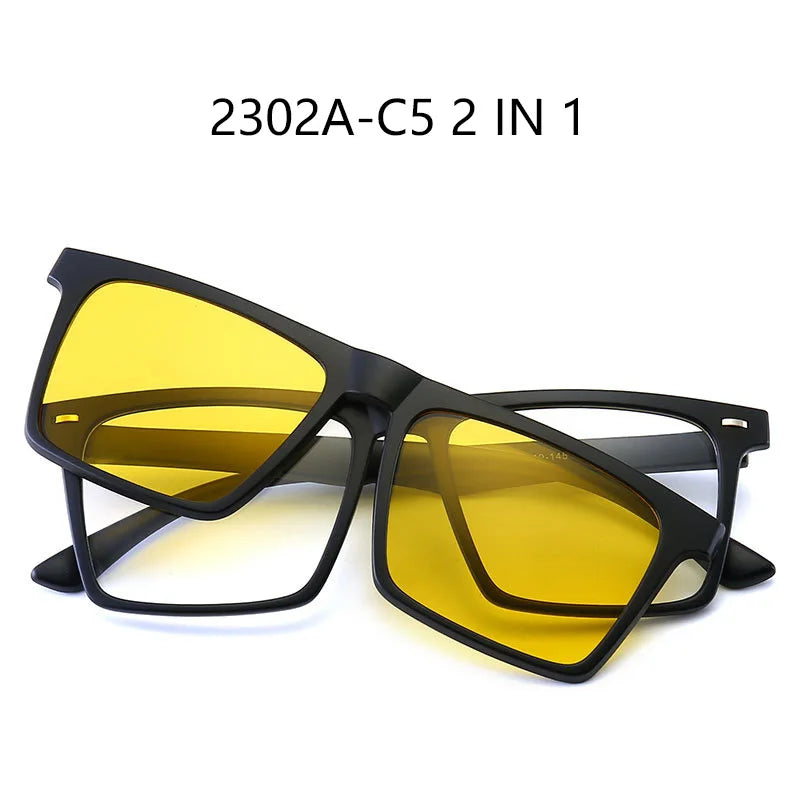 2-in-1 black frame glasses with yellow clip-on tinted lenses