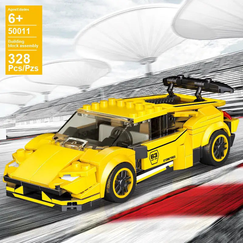 Yellow racing car model building blocks with black rear wing