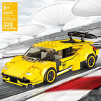 Yellow racing car model building blocks with black rear wing