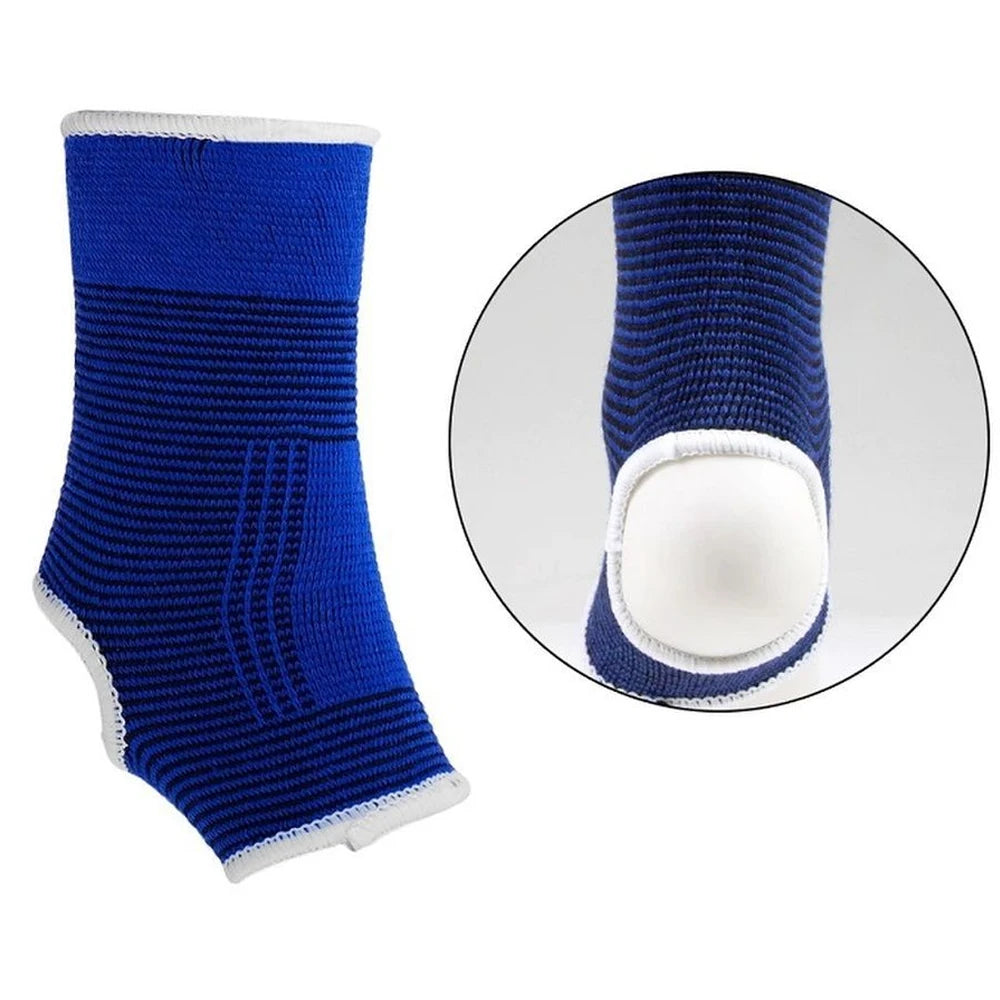 Blue ankle guard sleeve detail with white rim and circular heel pad opening