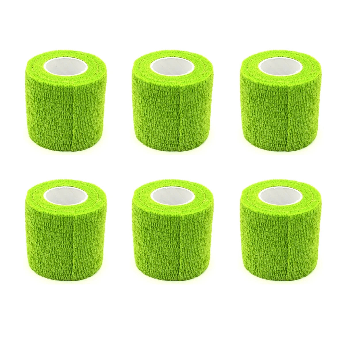 Set of neon green self-adhesive wrist bandage rolls with white inner cores