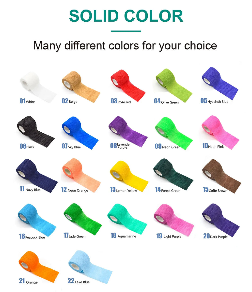 Color chart of self-adhesive bandage rolls with assorted solid and bright shades