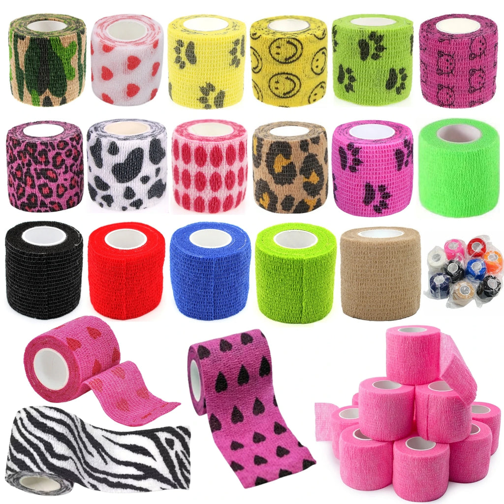 Assorted pre-wrap wrist bandage rolls, various colors and animal print patterns