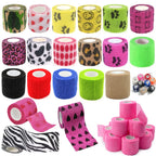 Assorted pre-wrap wrist bandage rolls, various colors and animal print patterns