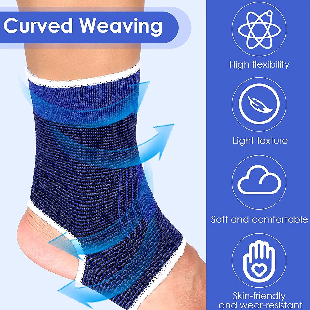 Blue ankle compression sleeve with white edge trim, curved knit panel design