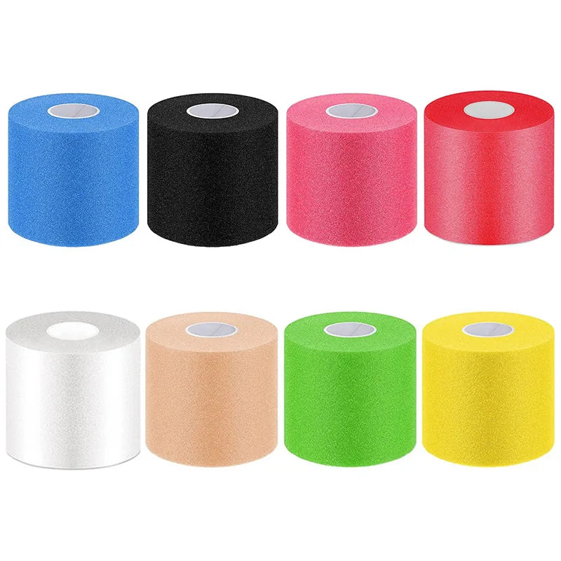 Foam underwrap tape rolls in blue, black, pink, red, white, tan, green, and yellow