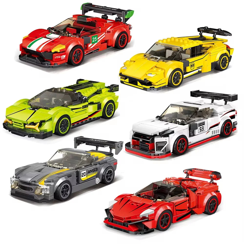 Assorted racing car model building blocks in red, green, yellow, white, and gray