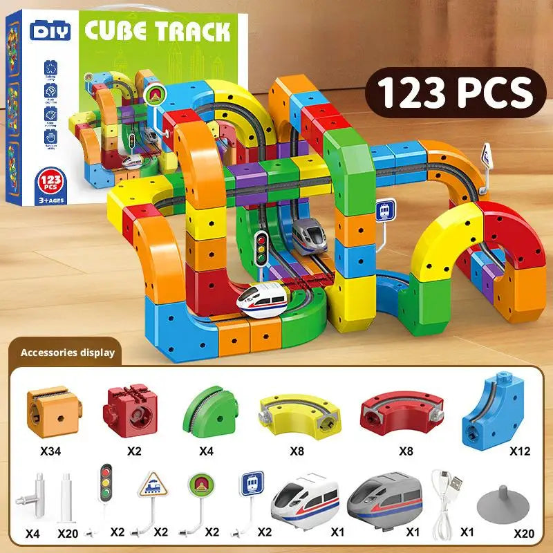 Electric cube track train set, 123 pieces, colorful multi-track rails and train cars