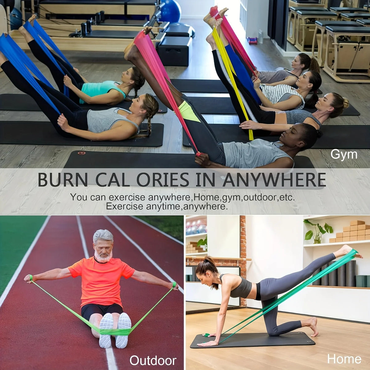 Resistance bands in use on bodies, showing several colored exercise bands