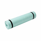 Foldable yoga mat in aquamarine, rolled cylinder with black end trim