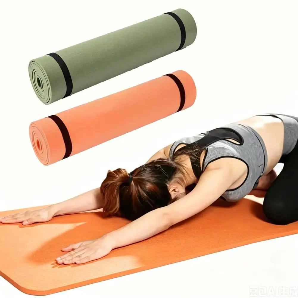 Yoga and exercise mat set, rolled olive and orange mats with black edge trim