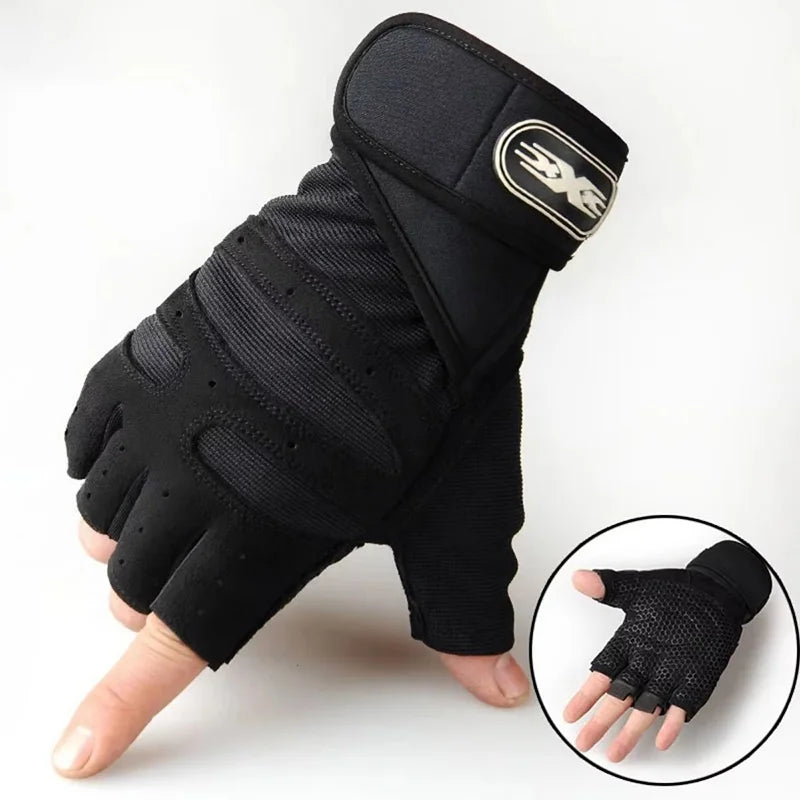 Black training gloves with cushioned palm and knuckle padding, pull-off ring detail