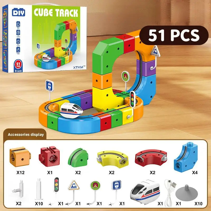 Electric cube track train set, 51 pieces, colorful curved rails and train car
