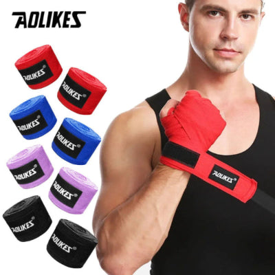 Man wearing red boxing hand wraps with Aolikes branding, surrounded by various colored hand wraps.
