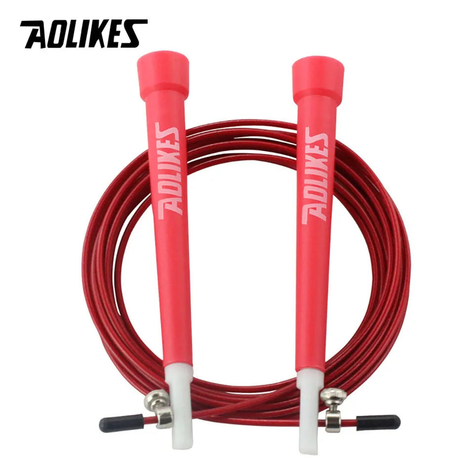 Adjustable steel wire jump rope with red foam handles and red steel cable
