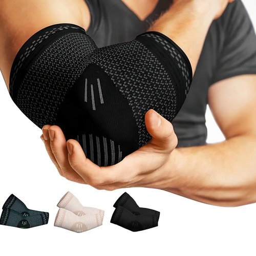 Compression elbow guards pair in black, mesh knit sleeves with ribbed support center