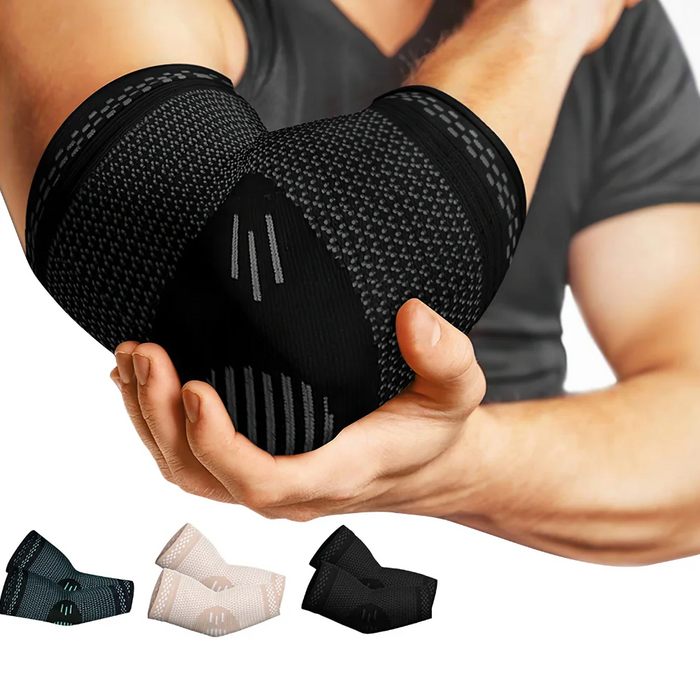 Compression elbow guards pair in black, mesh knit sleeves with ribbed support center