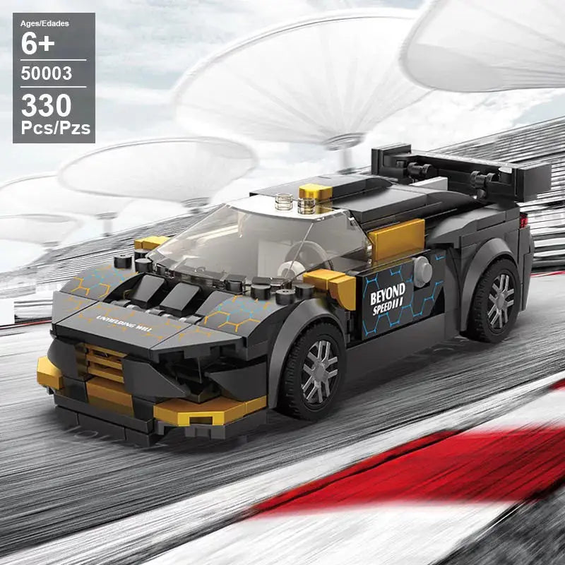 White and gold racing car model building blocks on track