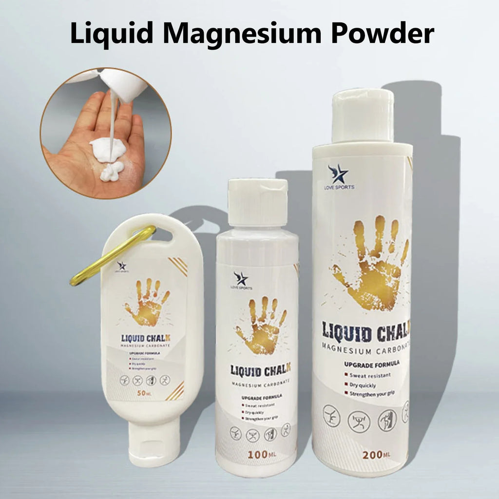 Liquid magnesium grip bottles (50, 100, 200 ml) with golden handprint label