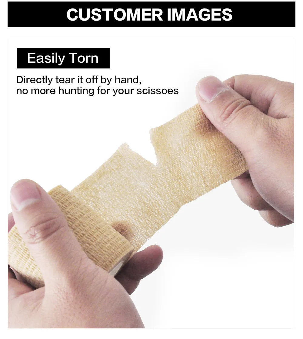 Beige self-adhesive wrist bandage tear demo held by hands