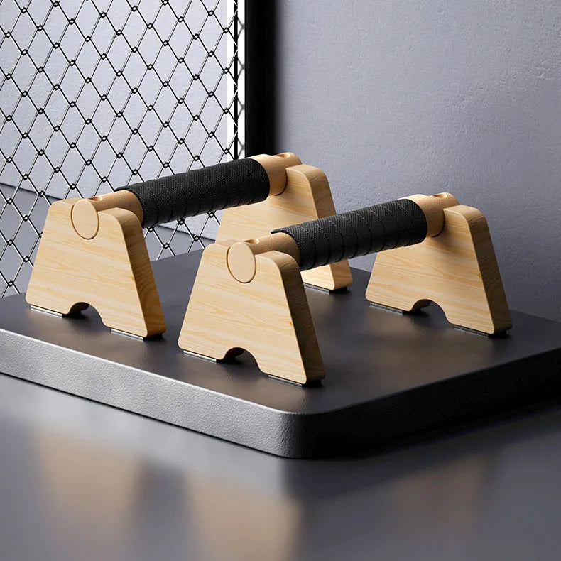Wooden parallettes with black no-slip grip pads, arched base for calisthenics training