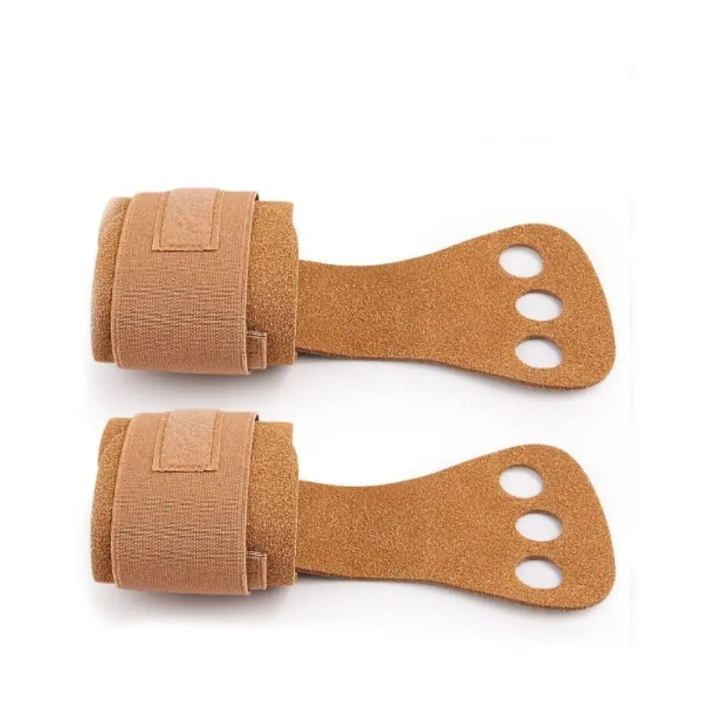 Aerial apparatus grip wraps pair, tan, with three circular finger holes and fastening straps
