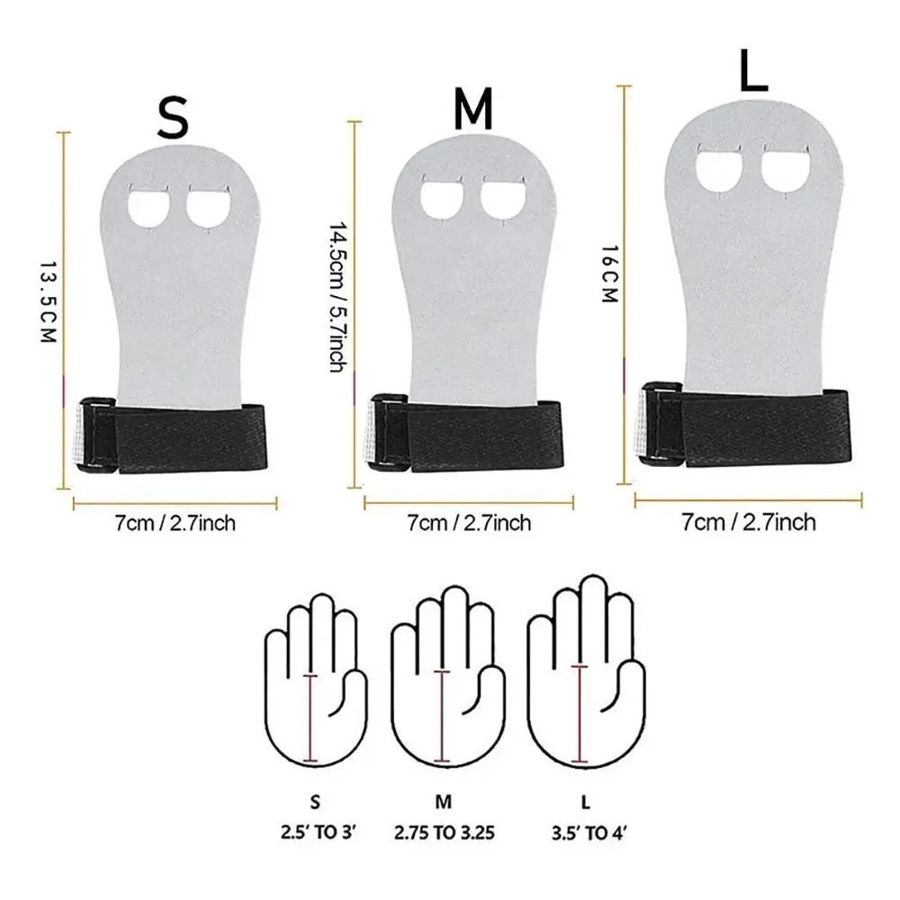 Size chart for aerial grip wristbands with S, M, L measurements and fit drawings