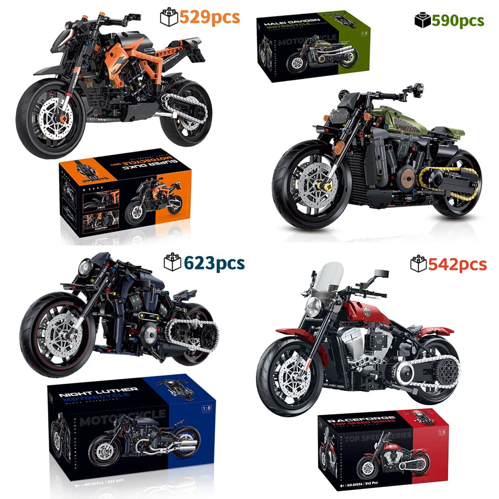 Motorcycle building block model set, orange and black bikes with product boxes