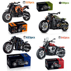 Motorcycle building block model set, orange and black bikes with product boxes