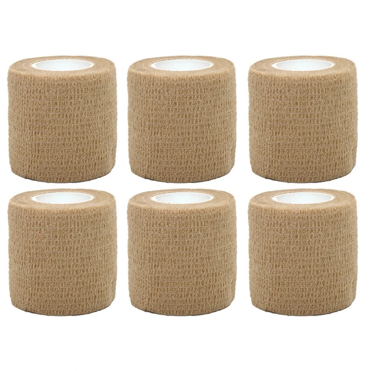 Set of tan self-adhesive wrist bandage rolls with white inner cores