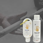 Liquid magnesium grip squeeze bottle with golden handprint label and dosing lever