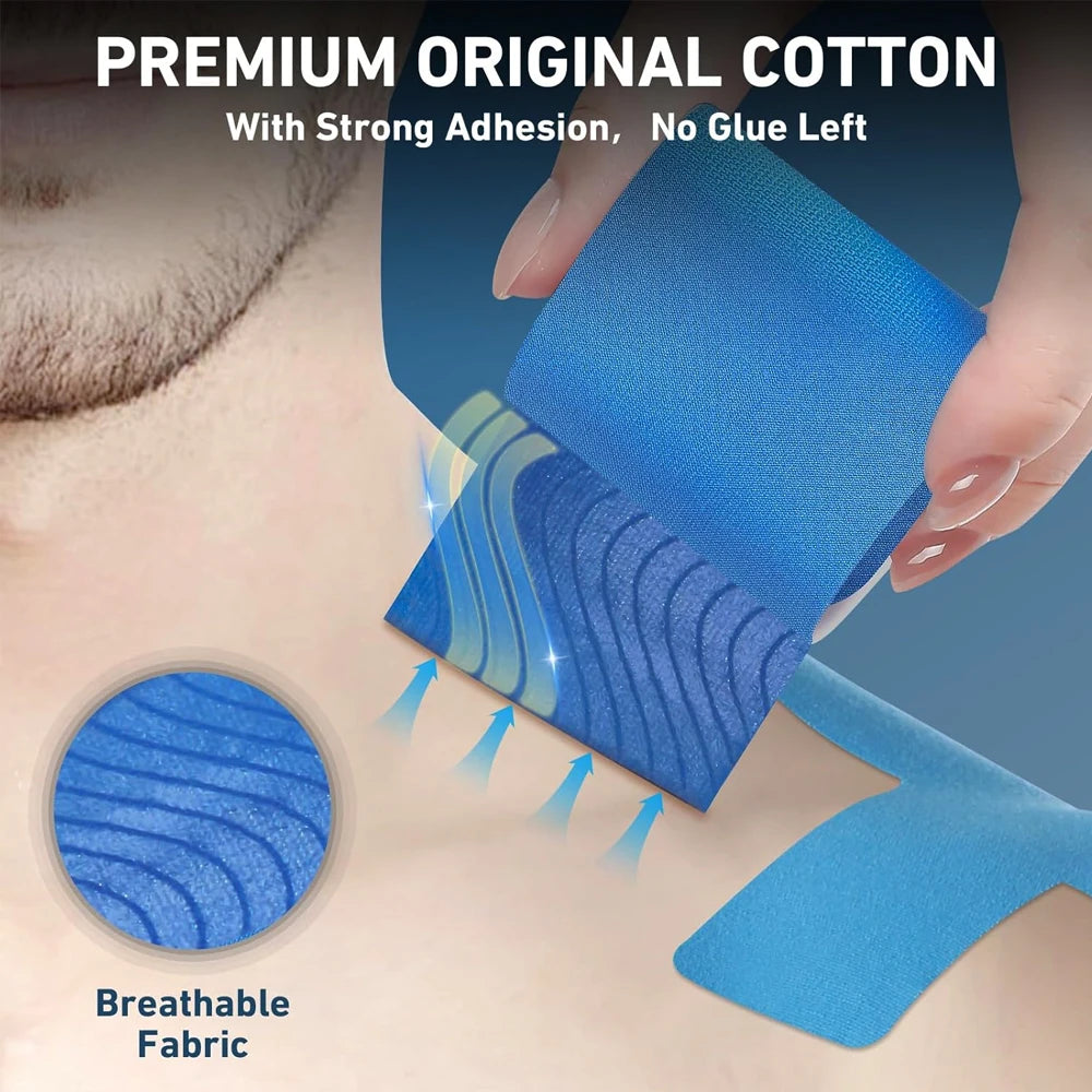 Blue kinesiology tape applied to skin, breathable fabric with strong adhesion