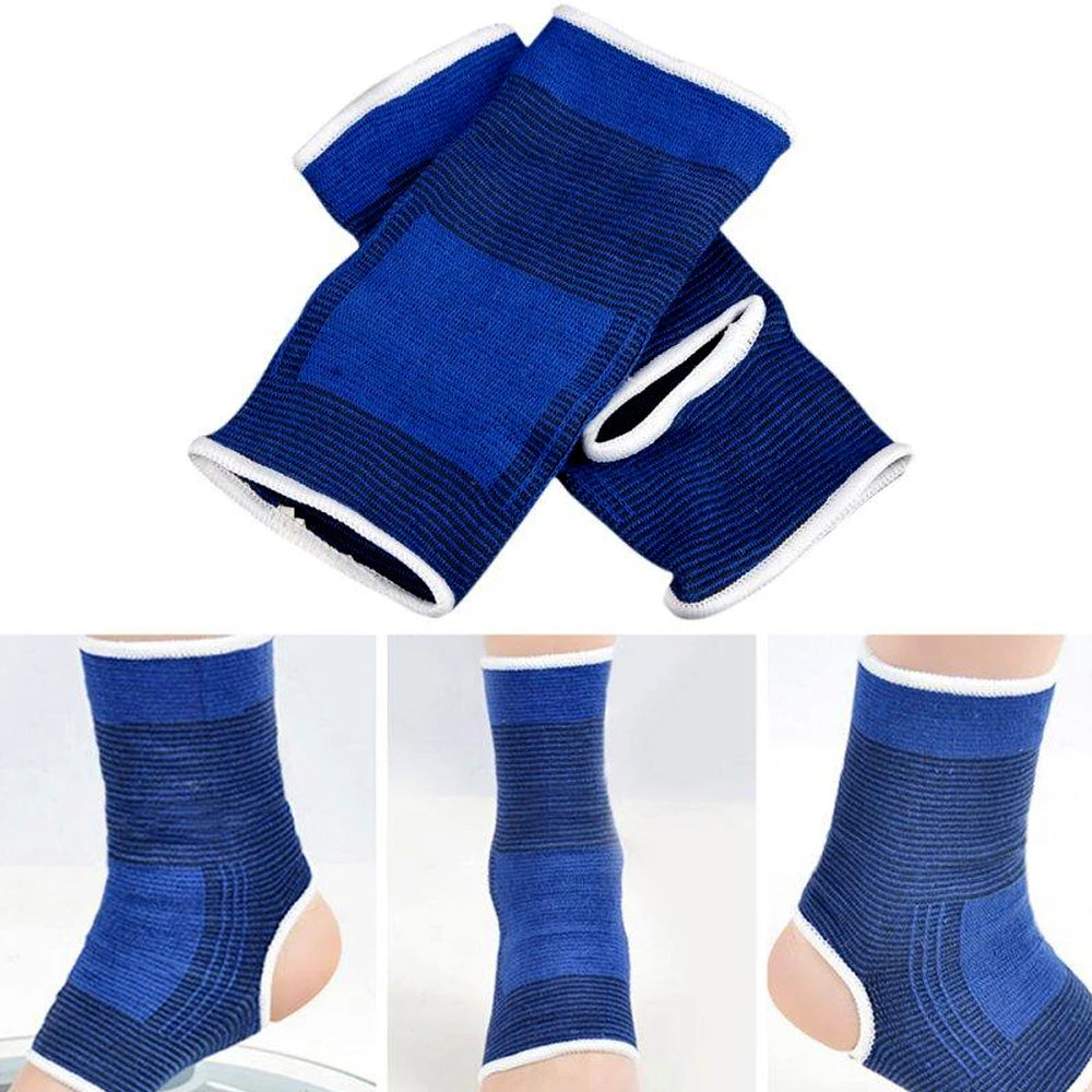 Blue ankle guard sleeves set, white trim, knit compression and circular heel pad opening