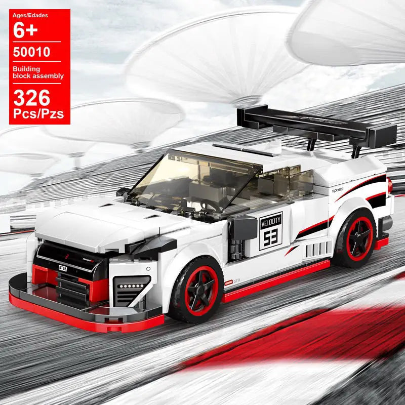White racing car model building blocks with red accents and black details