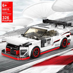 White racing car model building blocks with red accents and black details