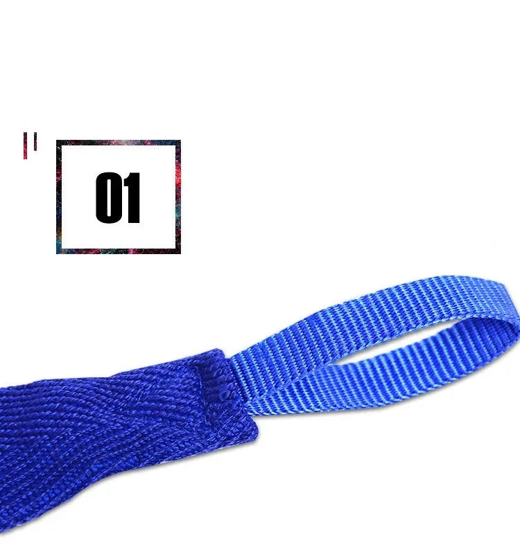 Blue cotton wrist wrap with woven strap and stitched fastening end