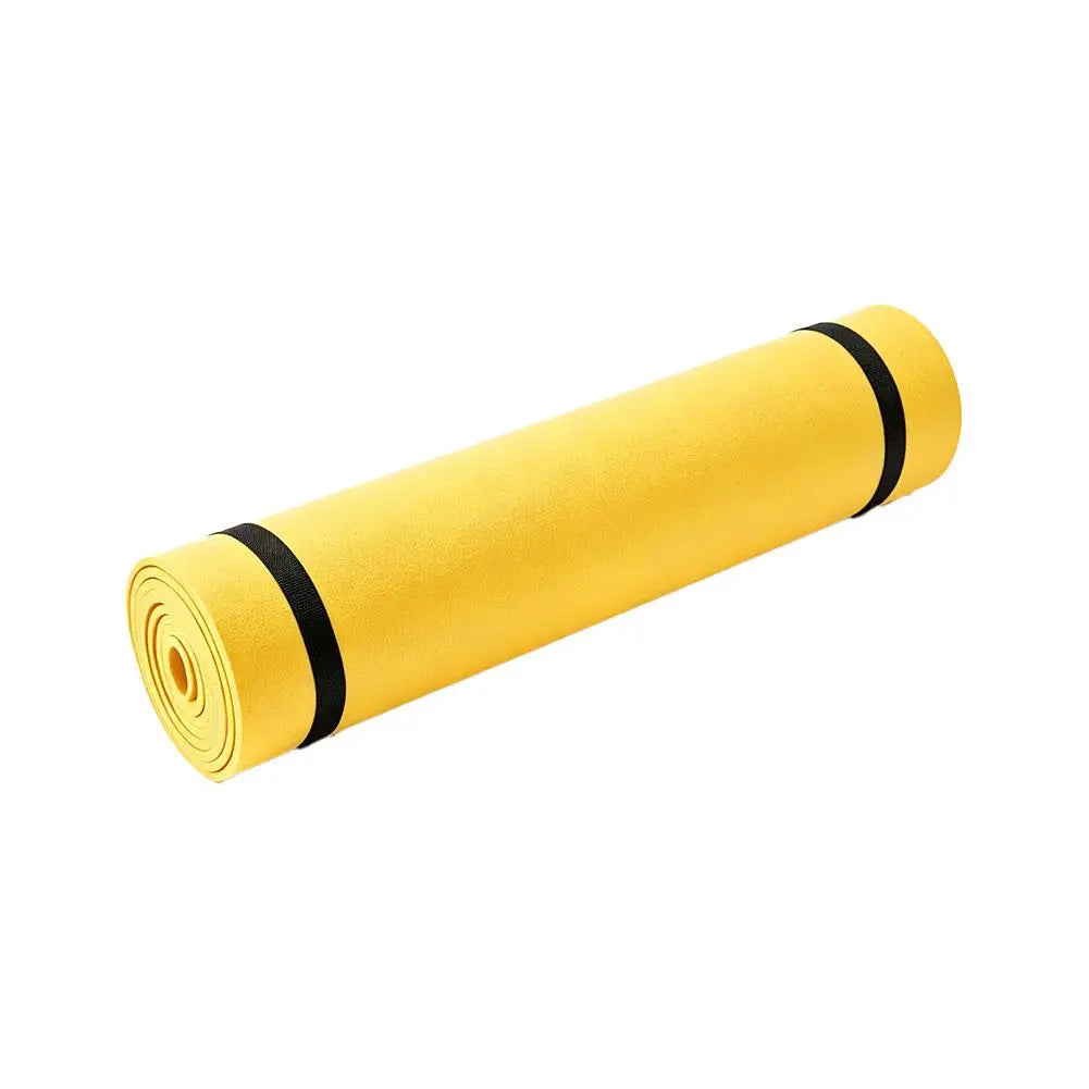 Yellow EVA foldable exercise mat, rolled cylinder with black bands