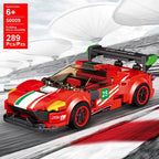 Red racing car model building blocks with white stripes and black rear wing