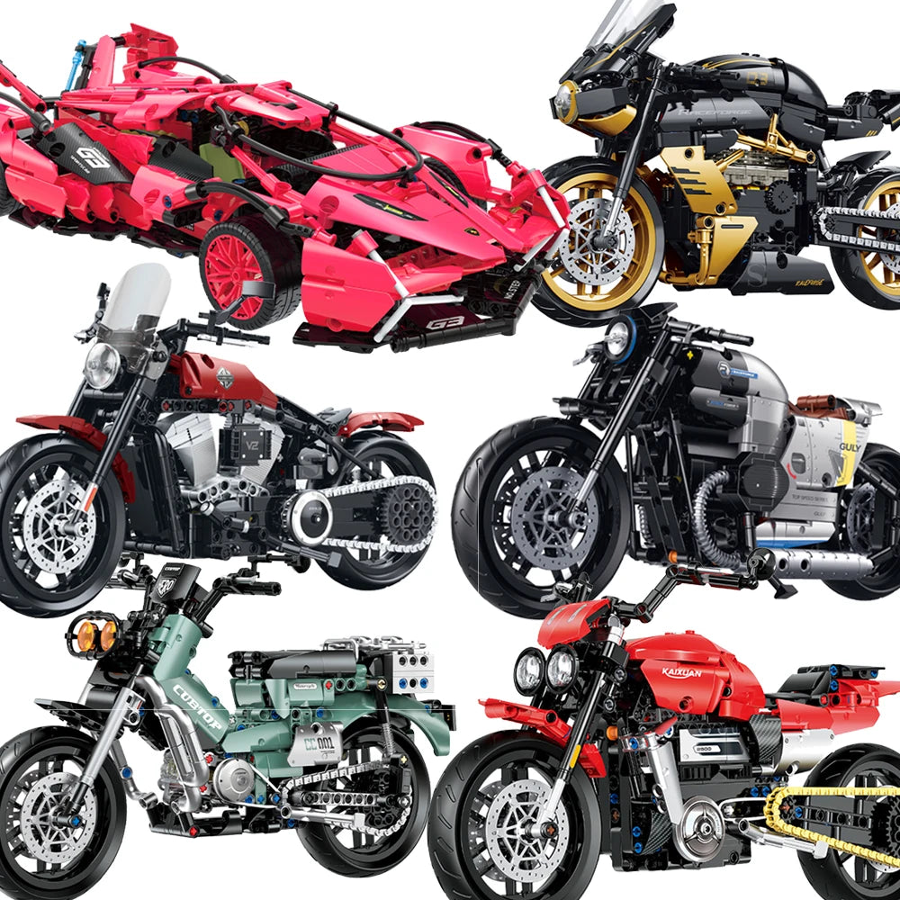 Motorcycle and sports bike building block set, red, yellow, black, and green models