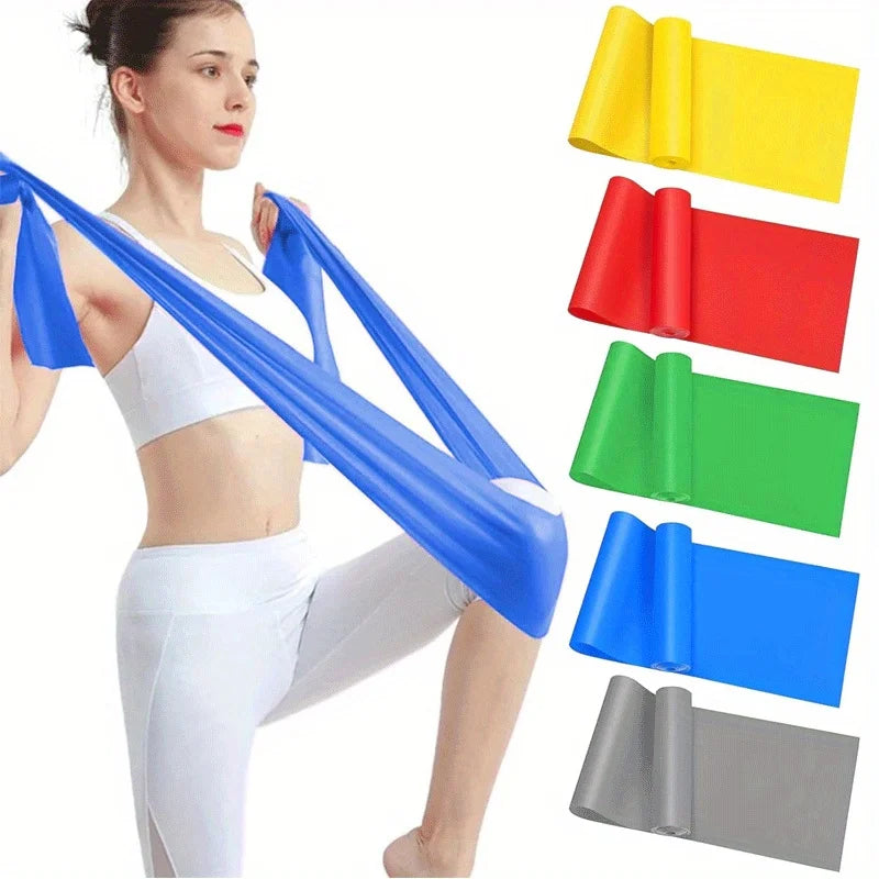 Resistance bands set with multiple colored elastic straps, including blue and red rolls