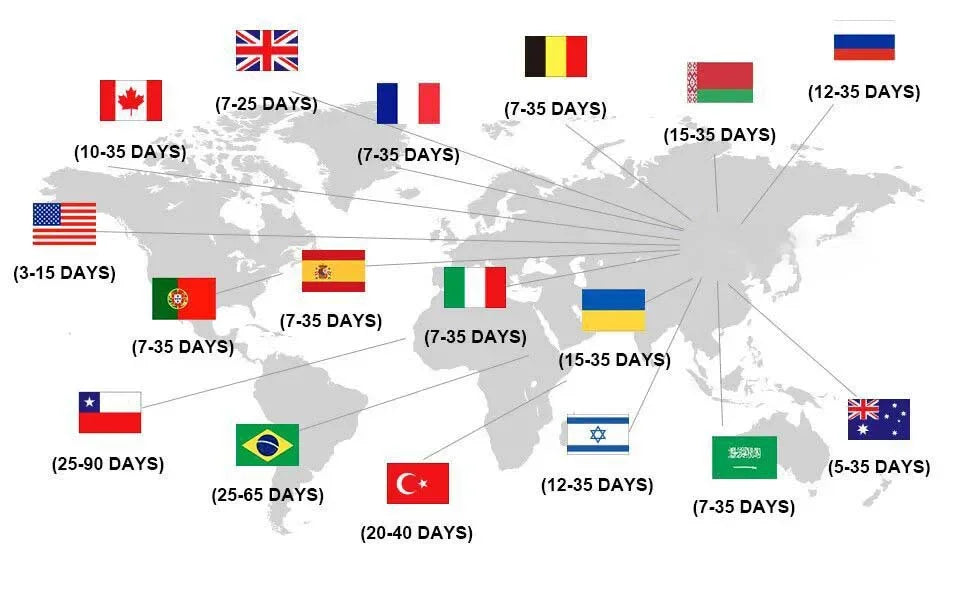 Worldwide shipping timeline map with country flags and estimated delivery days