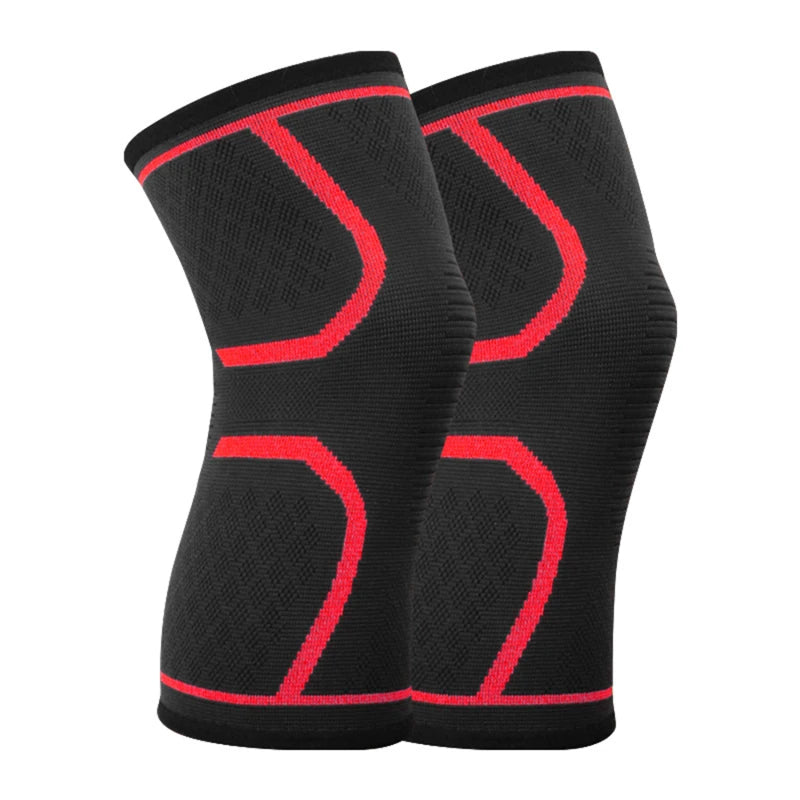 Pair of black knee sleeves with red contour bands and textured support weave.