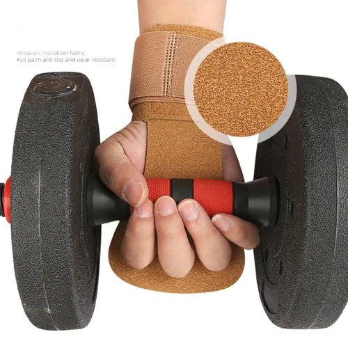 Aerial apparatus grip wraps pair, tan, on hand gripping a bar with wrist strap